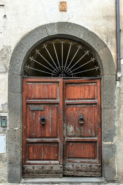 a red fire hydrant sitting in front of a wooden door, inspired by Taddeo Gaddi, renaissance, circular gate in a white wall, shutters, naples, tall entry