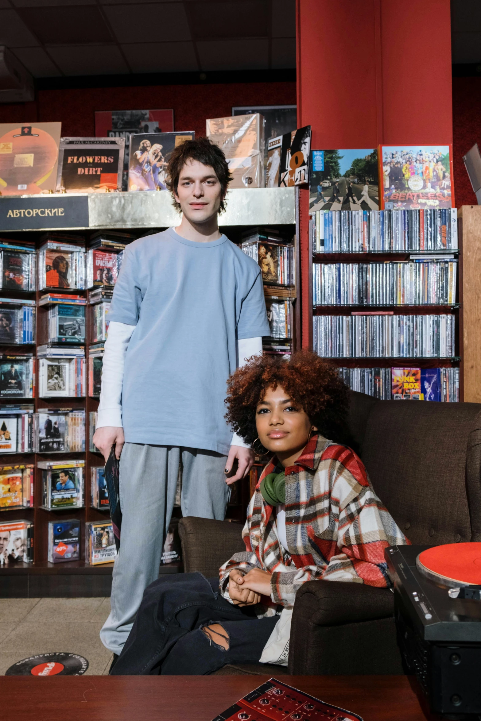 a couple of people that are sitting on a couch, an album cover, by Jacob van Utrecht, featured on reddit, renaissance, girl in a record store, portrait of apex legends, loosely cropped, 15081959 21121991 01012000 4k