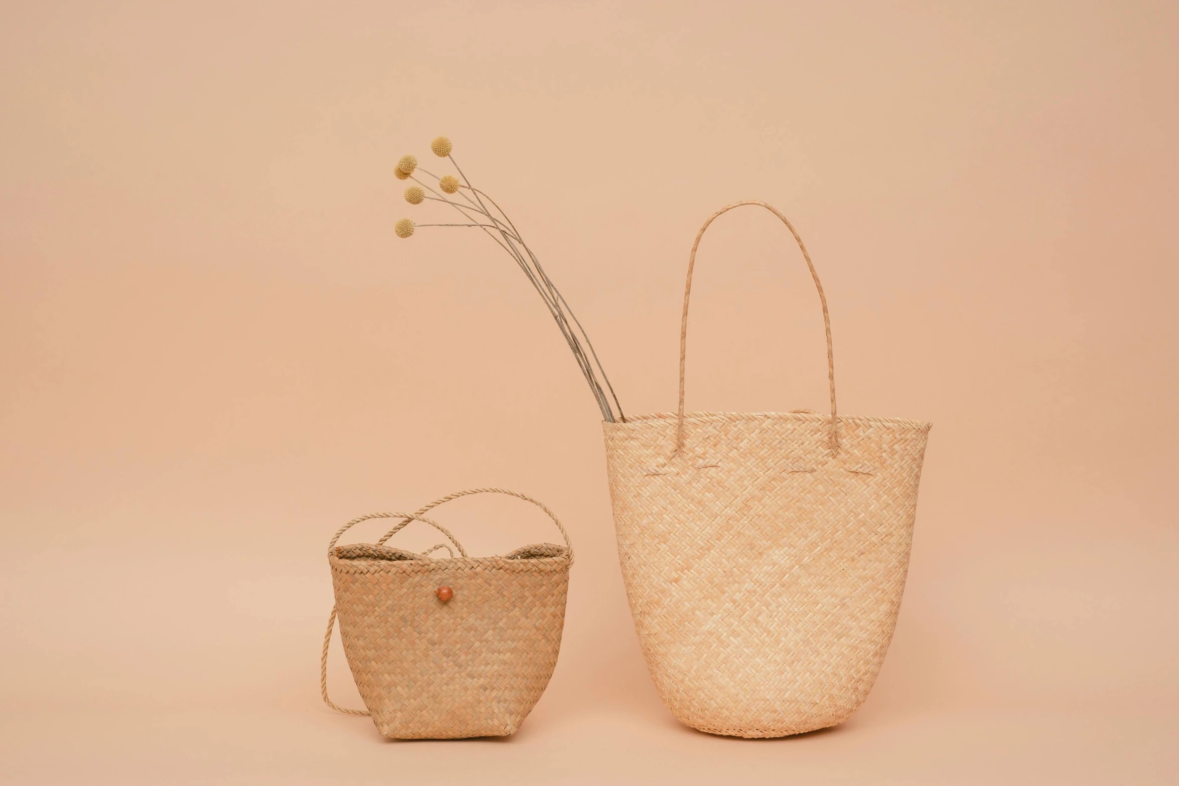 two baskets sitting next to each other on a beige background, unsplash, mingei, bag, palm, white background and fill, multiple stories