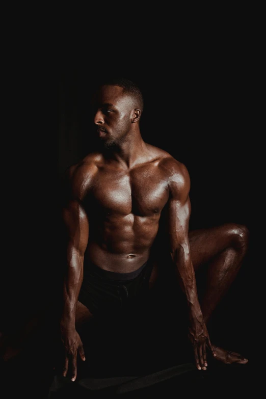 a man sitting on the ground in the dark, an album cover, inspired by David Bailly, athletic body build, covered in oil, proud, promo image