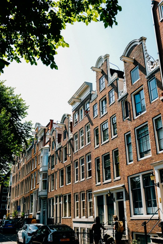 a group of people walking down a street next to tall buildings, inspired by Reinier Nooms, unsplash, art nouveau, view of houses in amsterdam, clear blue skies, exterior view, brick building