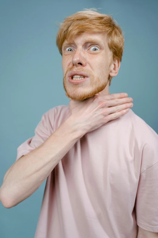 a man with a surprised look on his face, trending on pexels, hyperrealism, covered in pink flesh, hr ginger, neck up, pleading face