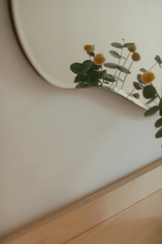 a vase with yellow flowers in front of a mirror, a picture, trending on unsplash, minimalism, eucalyptus, low quality footage, tall thin frame, sustainable materials