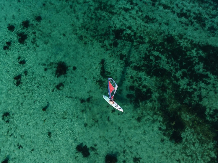 a person riding a surf board on a body of water, sailing boat, aerial, coral reef, rené laloux