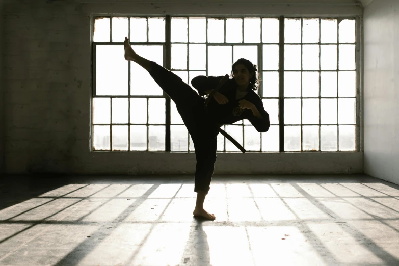 a woman doing a kick in front of a window, inspired by Liao Chi-chun, pexels contest winner, arabesque, in a dojo, rebecca sugar, black, profile image