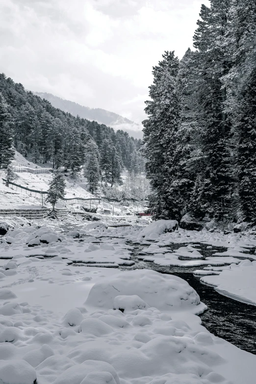 a stream running through a snow covered forest, pexels contest winner, hurufiyya, hideen village in the forest, jk, lake in foreground, low quality photo