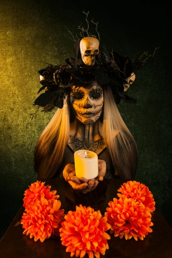 a woman dressed as a skeleton holding a candle, an album cover, pexels contest winner, vanitas, turban of flowers, mexico, avatar image, 2019 trending photo