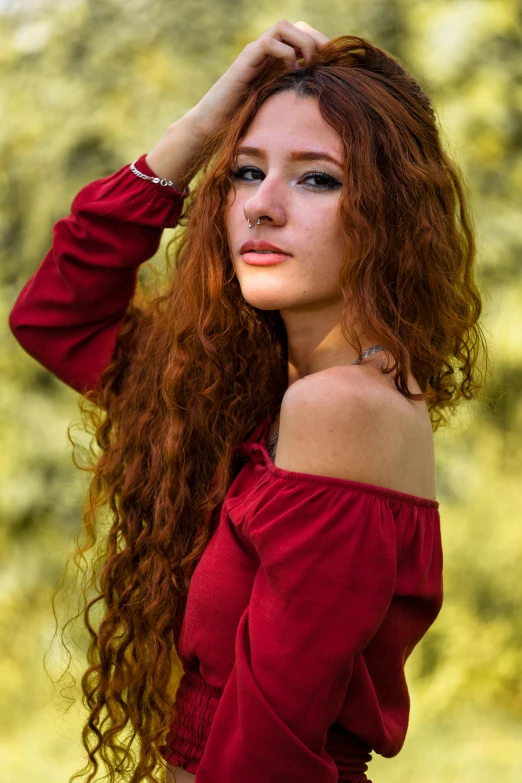 a woman with long red hair posing for a picture, 5 0 0 px models, long brown puffy curly hair, 18 years old, square