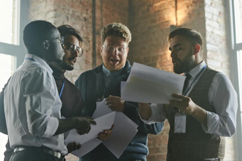 a group of three men standing next to each other, pexels contest winner, renaissance, brainstorm, industrial party, document photo, programming