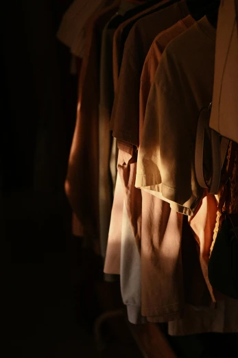 clothes hanging on a rack in a dark room, inspired by Nan Goldin, unsplash, renaissance, earthy light pastel colours, leather robes, in a row, evening sun
