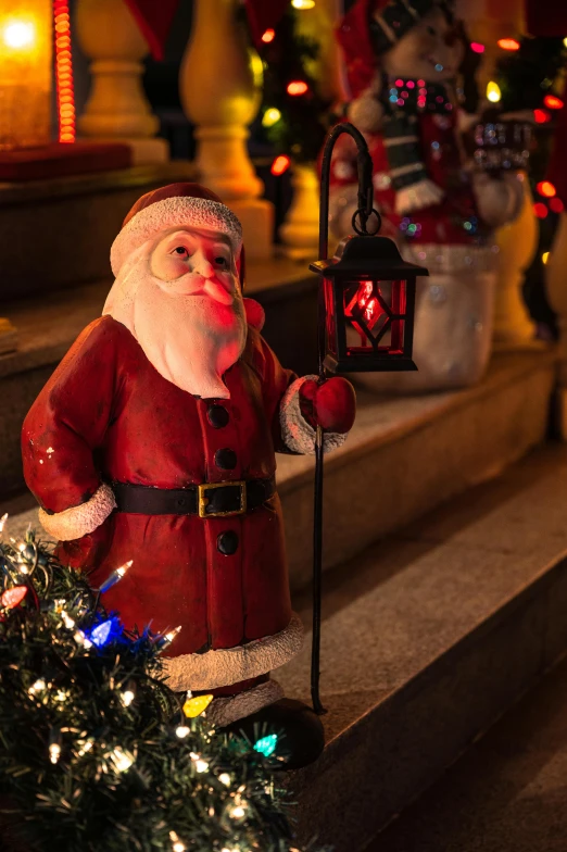 a statue of a santa claus holding a lantern, slide show, looking confident, promo image, lanterns on the porch