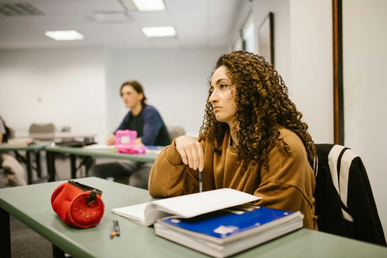 a woman sitting at a table in front of a laptop computer, trending on pexels, academic art, classroom in background, serious look, riyahd cassiem, background image