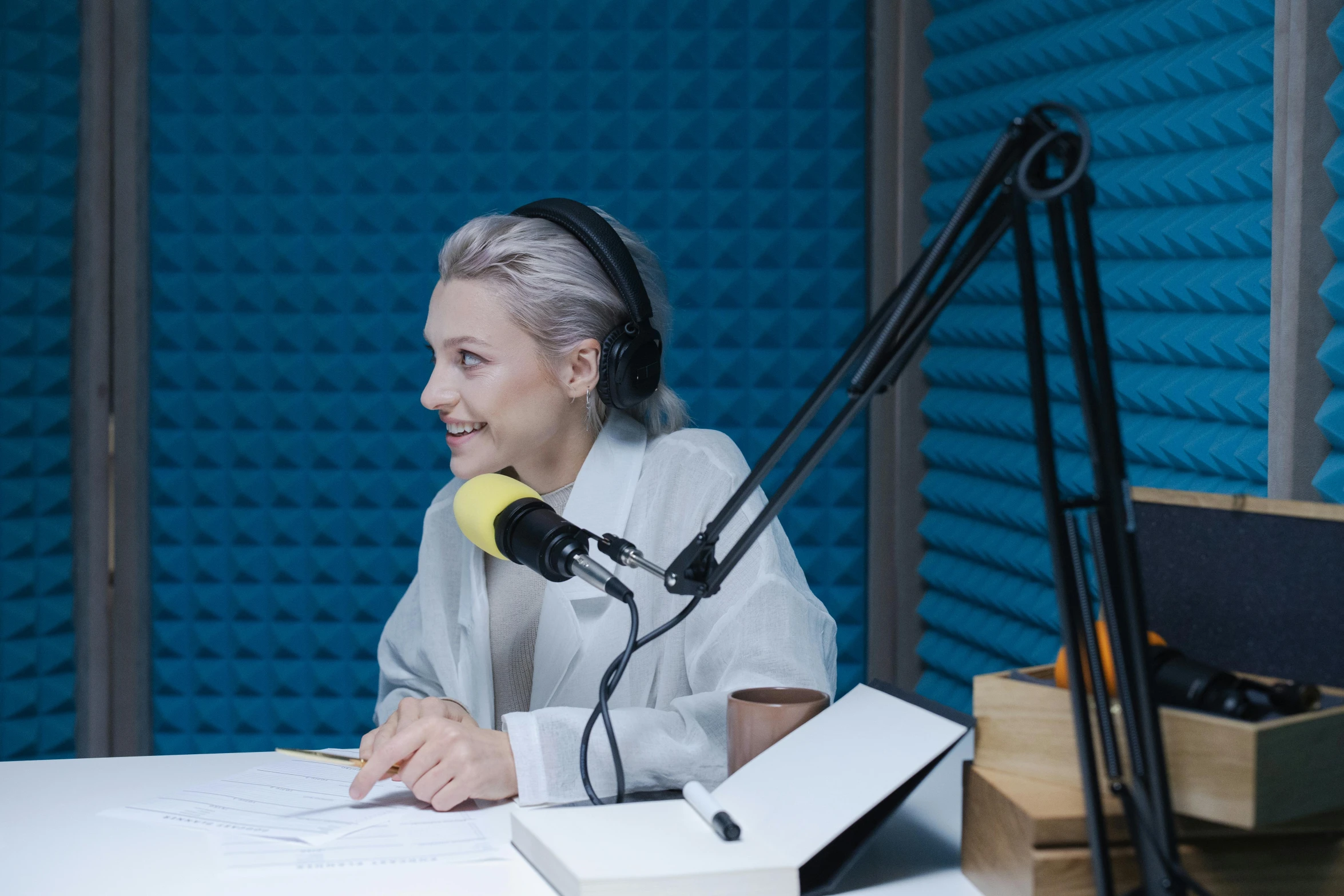 a woman sitting at a table in front of a microphone