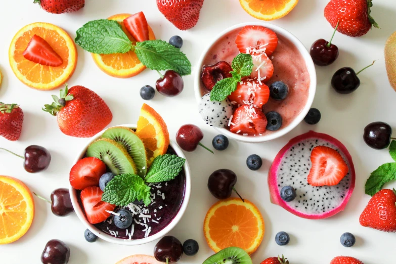 a white table topped with bowls of fruit, a photo, pexels, 🎀 🗡 🍓 🧚, profile pic, background image, totally radical