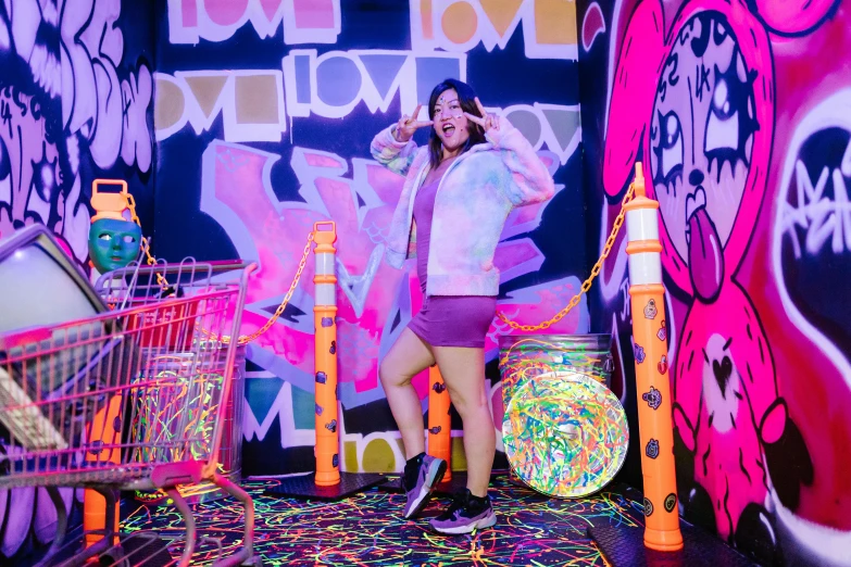 a woman standing next to a shopping cart, pexels contest winner, graffiti, neon standup bar, full body with costume, lovecratian, kawaii vibe