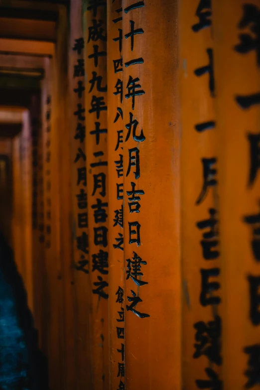 a row of yellow tori tori tori tori tori tori tori tori tori tori tori tori tori tori, inspired by Torii Kiyomoto, unsplash contest winner, graffiti, style of ancient text, black and orange, inside a tall vetical room, intricate carved wood