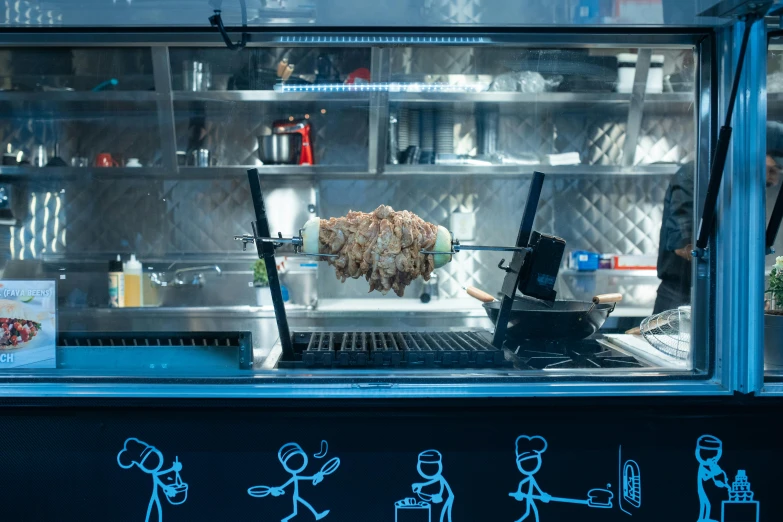a food truck with stickers on the side of it, unsplash, serving rack of ribs, lit from above, at the counter, robot barkeep