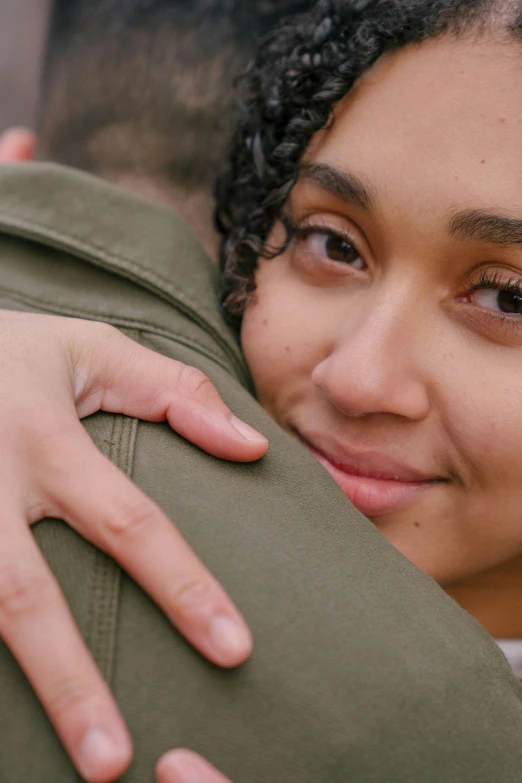 a close up of a person hugging a person, an olive skinned, simetrical medium shot, lightweight, large)}]