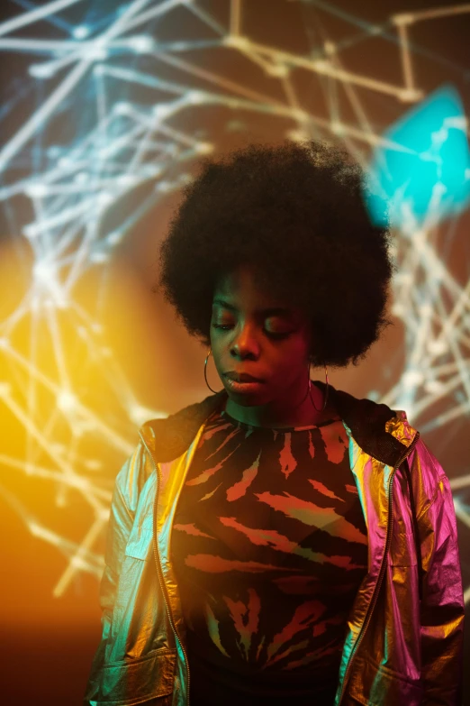 a woman standing in front of a projection, afrofuturism, vecna from stranger things, bright ”, black tendrils, disco