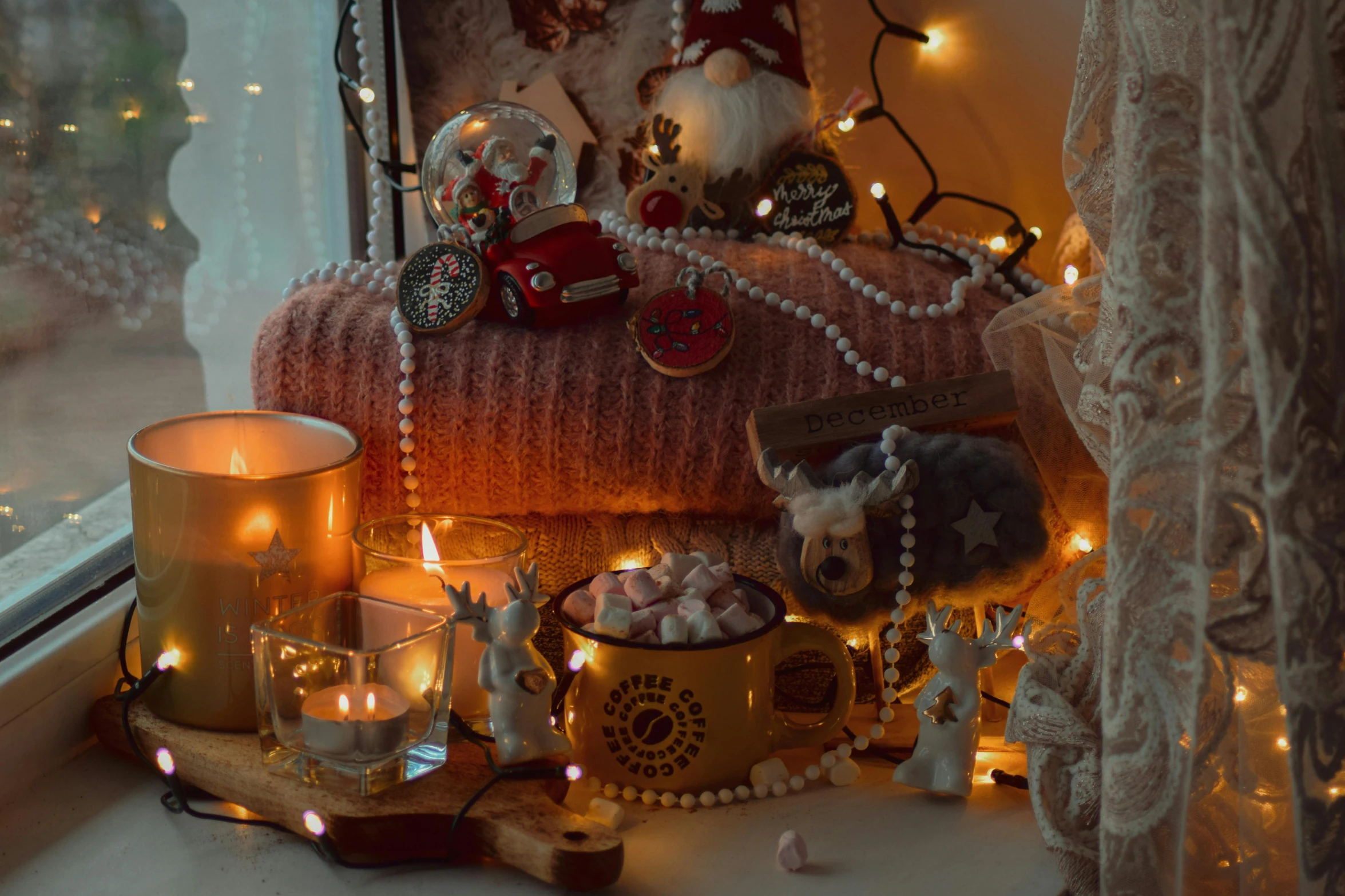 a teddy bear sitting on top of a window sill, inspired by Elsa Bleda, trending on pexels, maximalism, fairy lights, elves sitting on the couch, with lots of thin ornaments, candlelight