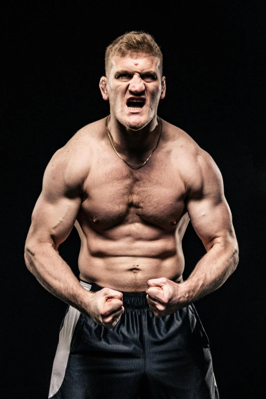 a shirtless man standing in front of a black background, portrait of ernest khalimov, david noren, promo image, enraged