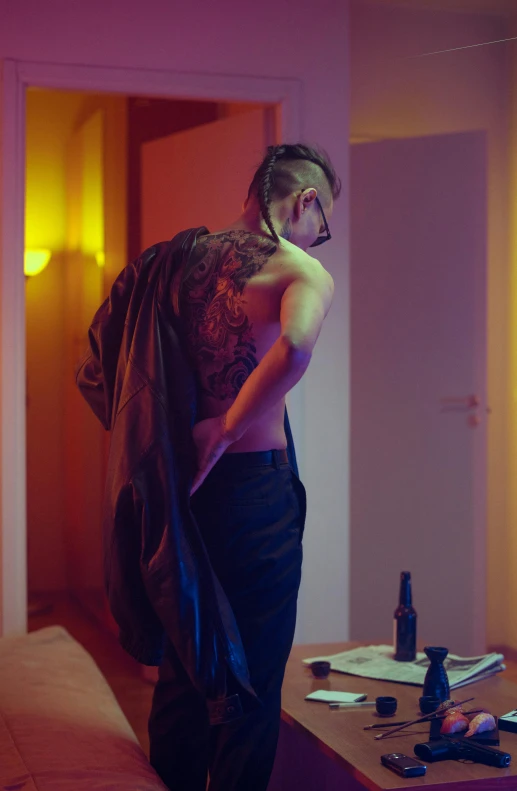 a man that is standing in a room, a tattoo, inspired by Nan Goldin, bauhaus, cai xukun, disrobed, lit from behind, drunkard