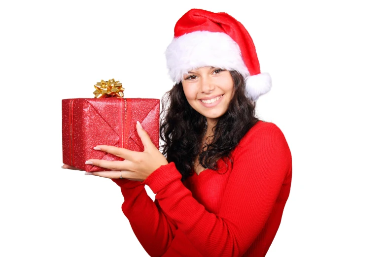 a woman in a santa hat holding a red present, a photo, pixabay, hurufiyya, square, avatar image, ceramic, she
