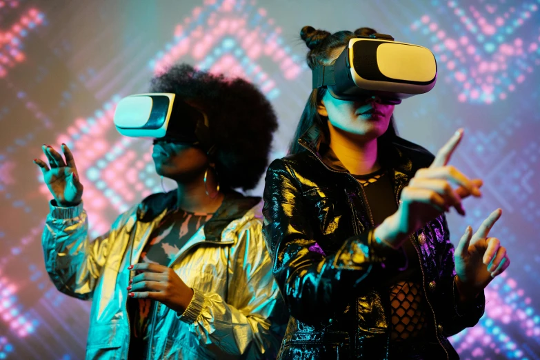 a couple of people standing next to each other on a stage, a hologram, by Julia Pishtar, shutterstock, afrofuturism, using a vr headset, unreal engine : : rave makeup, 90s photo, gaming room in 2 0 4 0