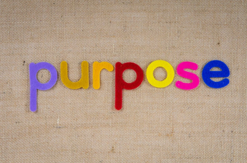 the word purpose spelled in multicolored wooden letters, inspired by Puru, unsplash, corduroy, burlesque, ((sharp focus)), burlap