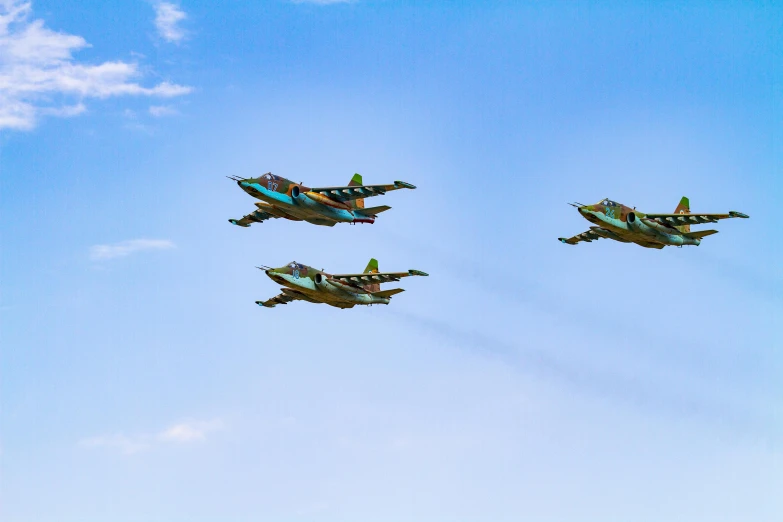 a group of fighter jets flying through a blue sky, a colorized photo, shutterstock, hurufiyya, avatar image, green sky, decorative, afar