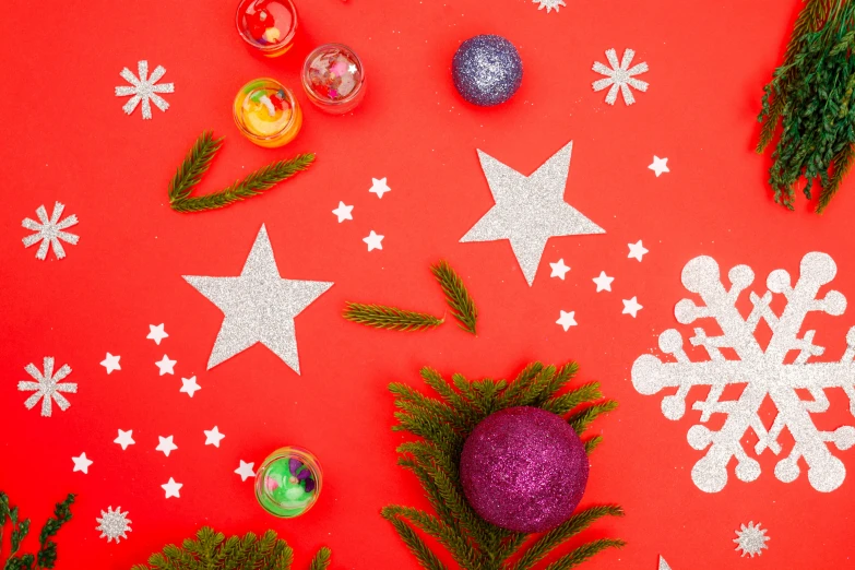 christmas decorations on a red background with snowflakes, trending on pexels, process art, background image, stars and planets, full body image, thumbnail