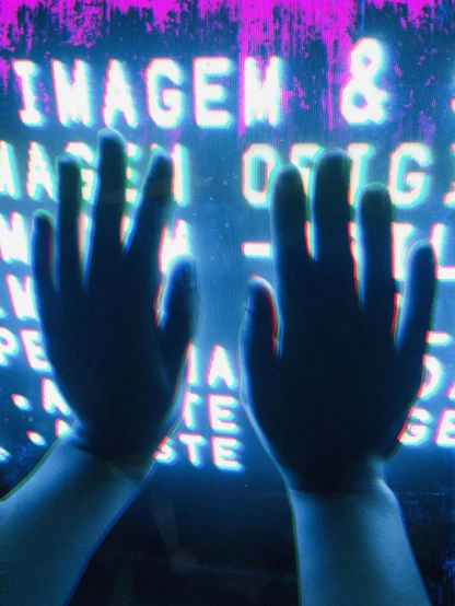 a person holding their hands up in front of a neon sign, holography, text morphing into objects, beeple |, siggraph, darkwave goth aesthetic