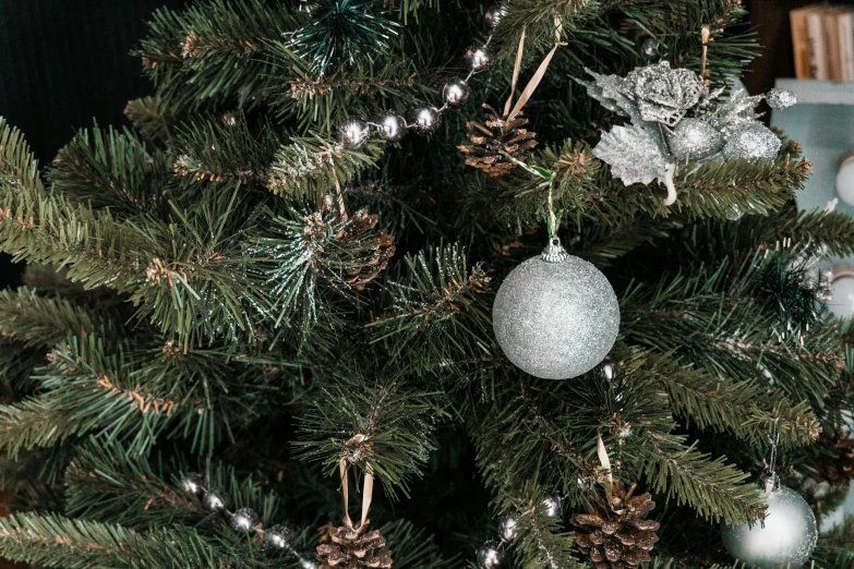 a close up of a christmas tree with ornaments, pexels, renaissance, background image, grey, greens), silver details