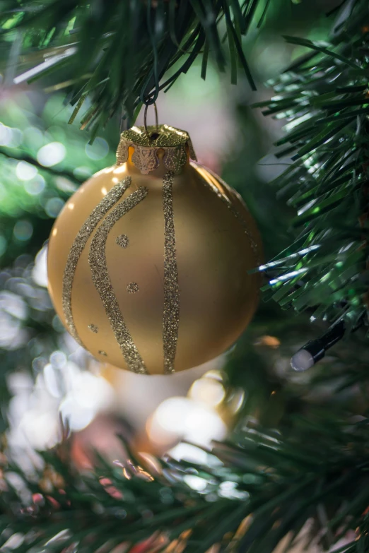 a close up of a christmas ornament on a tree, pexels, golden colour, detailed surroundings, shot on sony a 7 iii, mini model