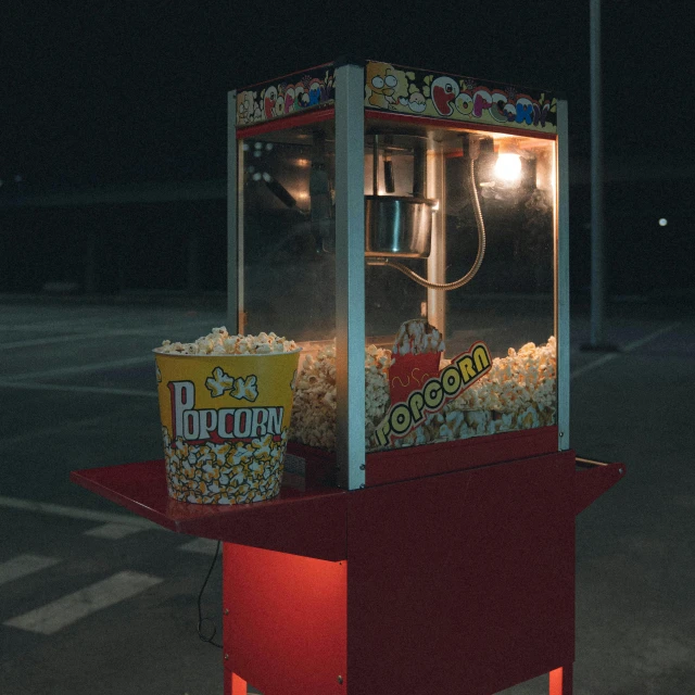 a popcorn machine sitting in the middle of a parking lot, pexels contest winner, hyperrealism, demna gvasalia, night photo, 2 0 0 0's photo, snacks