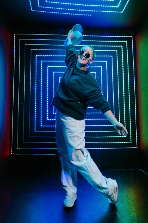 a man that is standing in the middle of a room, inspired by David LaChapelle, unsplash, holography, bad bunny, doing a sassy pose, ricky berwick, bounce lighting