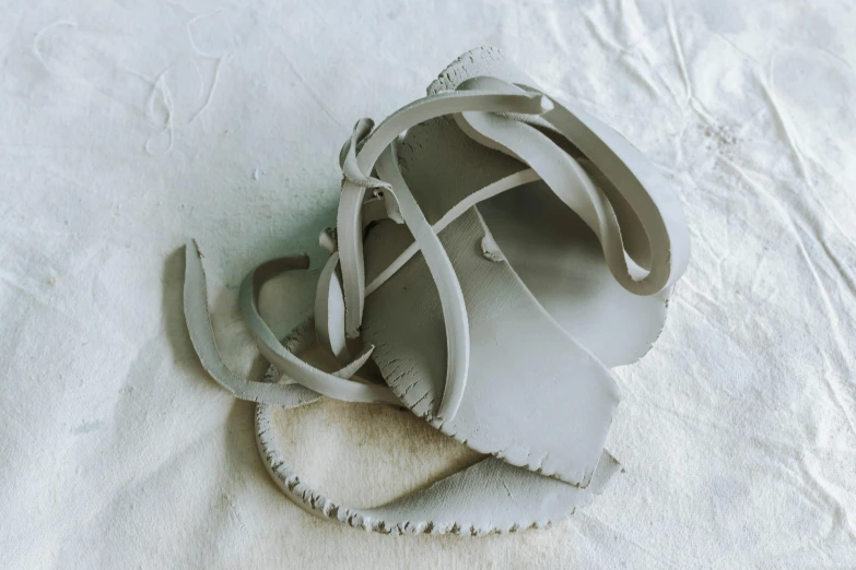 a pair of sandals sitting on top of a bed, inspired by Lucio Fontana, instagram, new sculpture, grey porcelain sculpture, botanical herbarium paper, detailed claws, round form