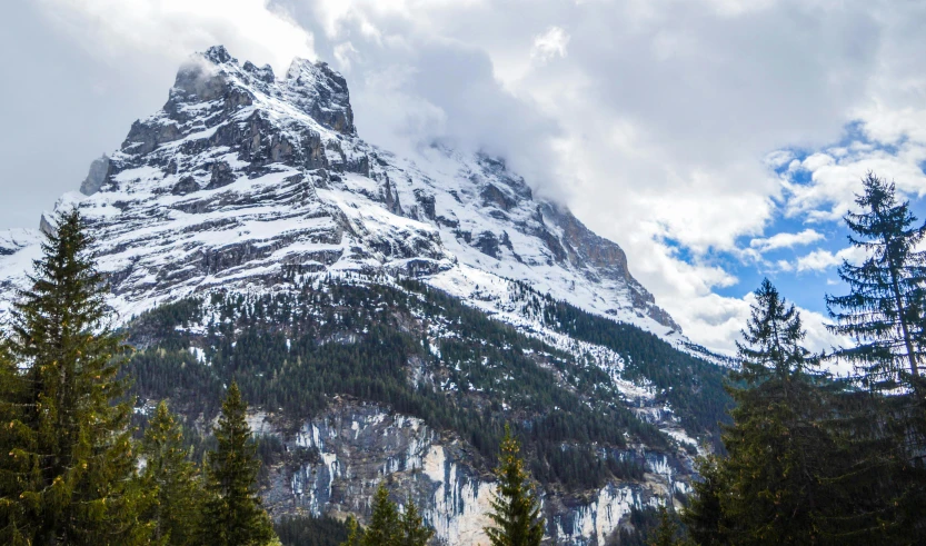 a snow covered mountain with pine trees in the foreground, pexels contest winner, les nabis, lauterbrunnen valley, slide show, rocky cliff, a cozy