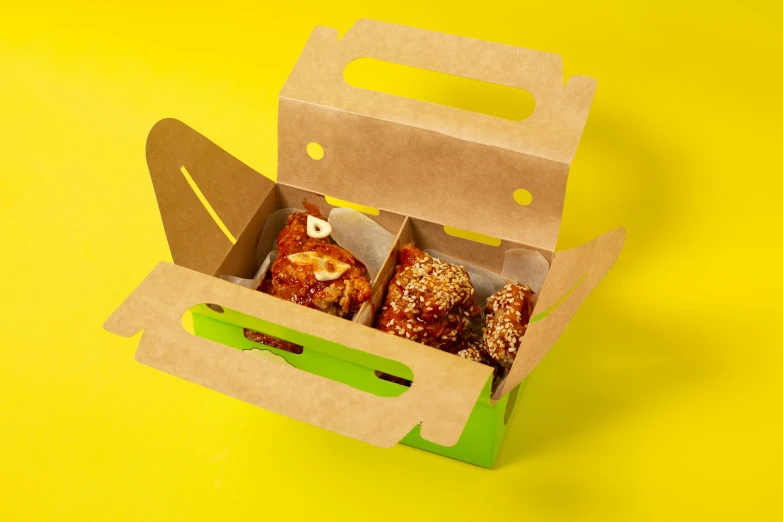 a box of doughnuts on a yellow background, by Eden Box, dau-al-set, fried chicken, on grey background, prototype, green