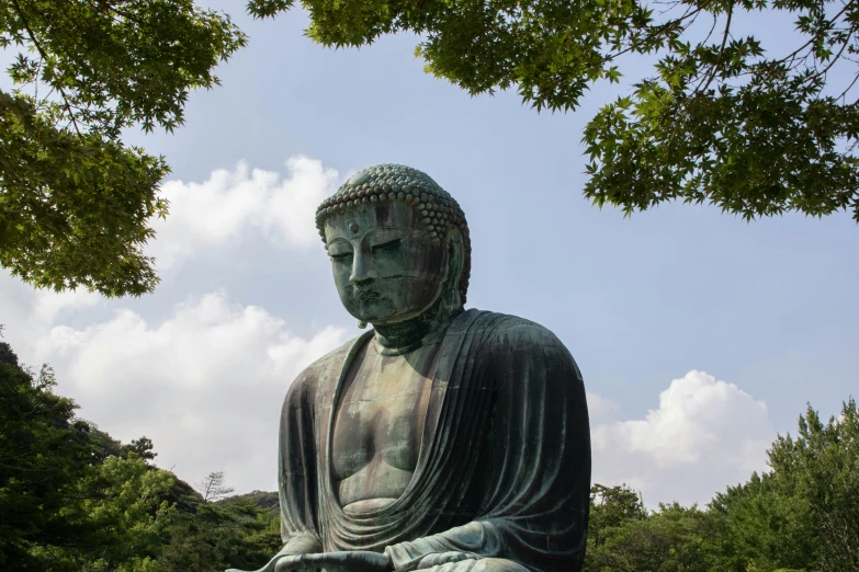 a large statue sitting on top of a lush green field, pexels contest winner, sōsaku hanga, ryohji hase, tokyo kowloon, 🦩🪐🐞👩🏻🦳, buddha