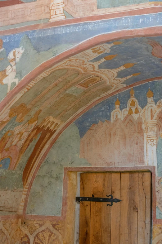 a wooden door sitting inside of a building, a detailed painting, inspired by Andrei Rublev, romanesque, low ceiling, pink arches, upclose, kalevala