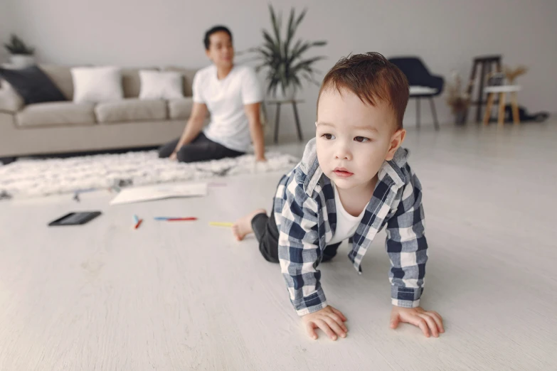 a baby crawling on the floor in a living room, visual art, caring fatherly wide forehead, future coder looking on, running towards camera, smooth painting