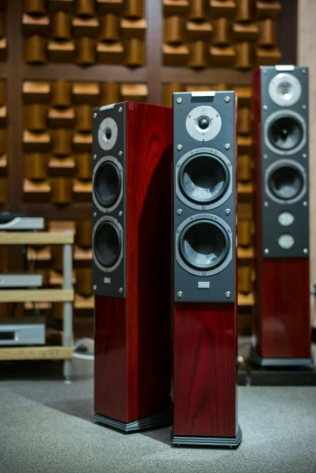 a couple of speakers sitting on top of a table, rack, on display, in a row, wine-red and grey trim