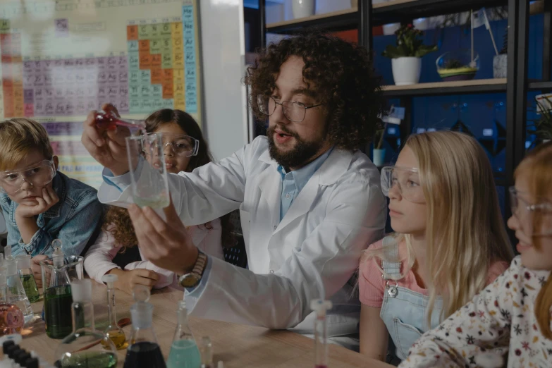 a group of people sitting around a table, beakers, teacher, thumbnail, profile image