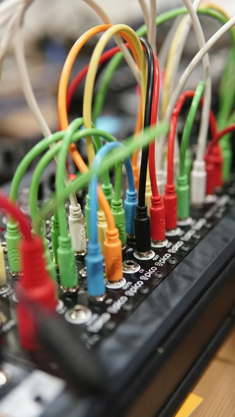 a close up of a bunch of wires on a board, by Jessie Algie, pexels, rgb keyboard, photographed for reuters, concert, sensor array