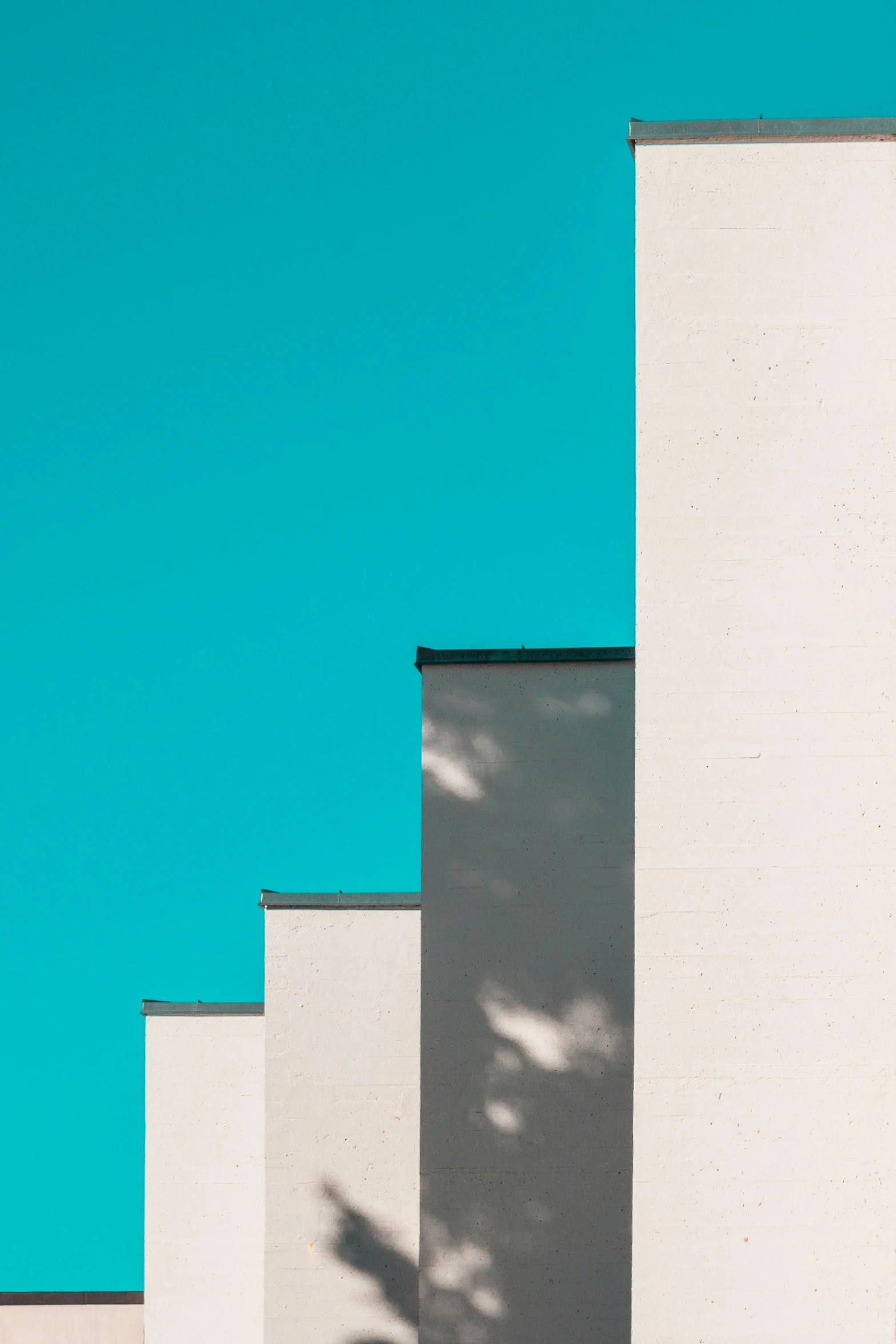 a red fire hydrant sitting in front of a white building, a minimalist painting, by Tobias Stimmer, unsplash contest winner, postminimalism, white cyan, stairway to heaven, abstract blocks, three colors