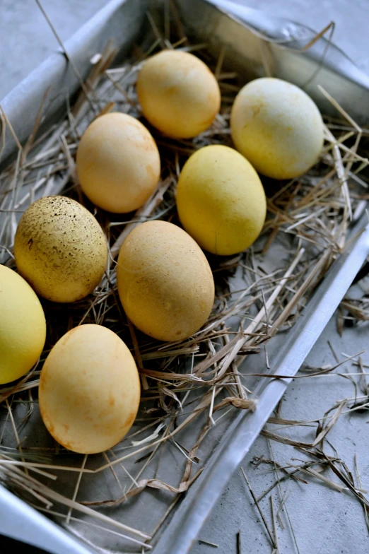 a tray filled with eggs sitting on top of a table, hay, colors: yellow, muddy, subtle detailing