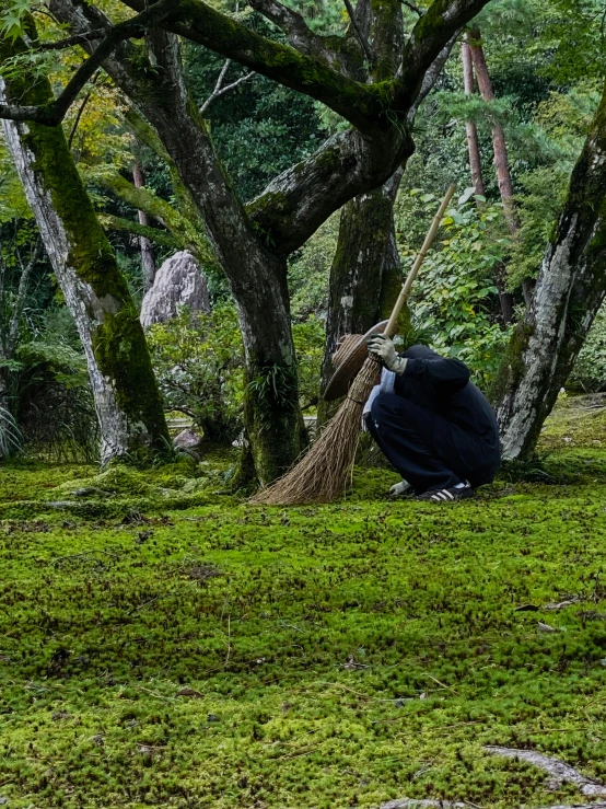 a person sitting on top of a lush green field, a picture, inspired by Sesshū Tōyō, environmental art, black witch hat and broomstick, moss growing on their clothes, in japanese garden, 2019 trending photo