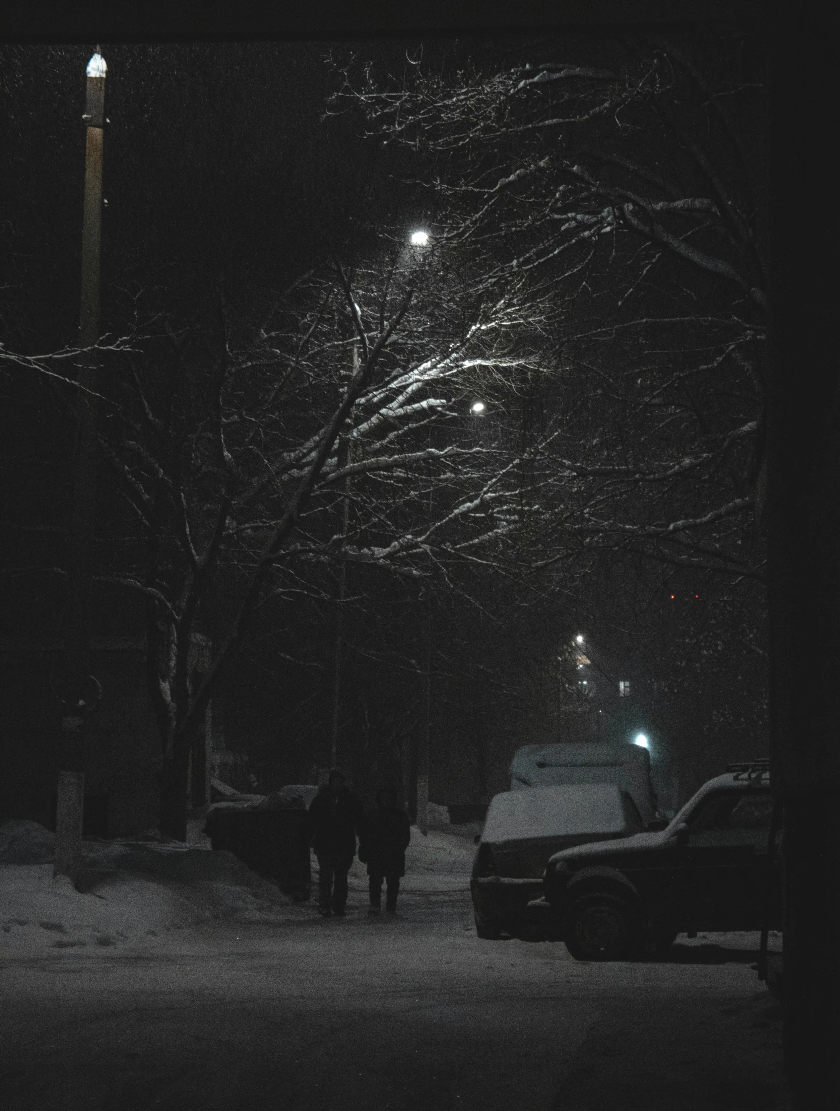 a couple of people walking down a snow covered street, an album cover, inspired by Elsa Bleda, realism, dark neighborhood, low quality photo, streetlight, ilustration