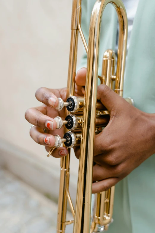 a close up of a person holding a trumpet, laura zalenga, accurate hands, enamel, stems